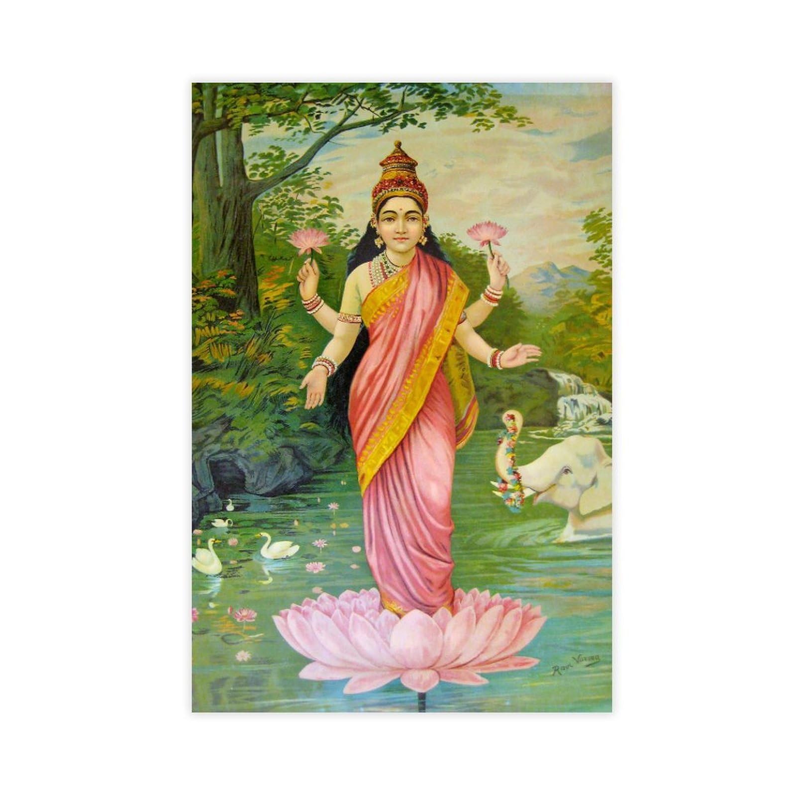 WCYB Lakshmi By Raja Ravi Varma - Goddess of Luck Posters Prints Canvas Deco Paintings Wall Art Unframe 20" L X 30" W