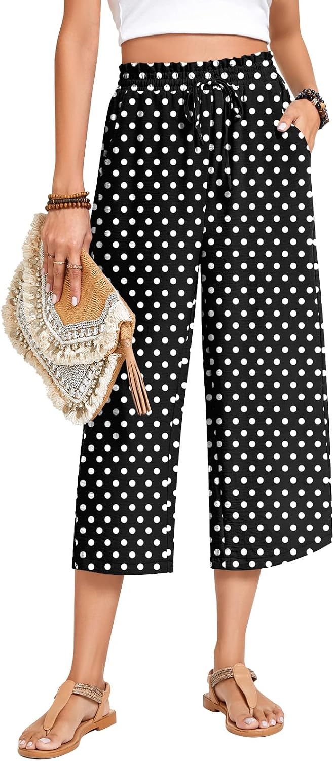 Anyhold Women's Capri Pants Drawstring Casual Palazzo Trousers with Pockets Loose High Waisted Wide Leg Lounge Pants thumbnail