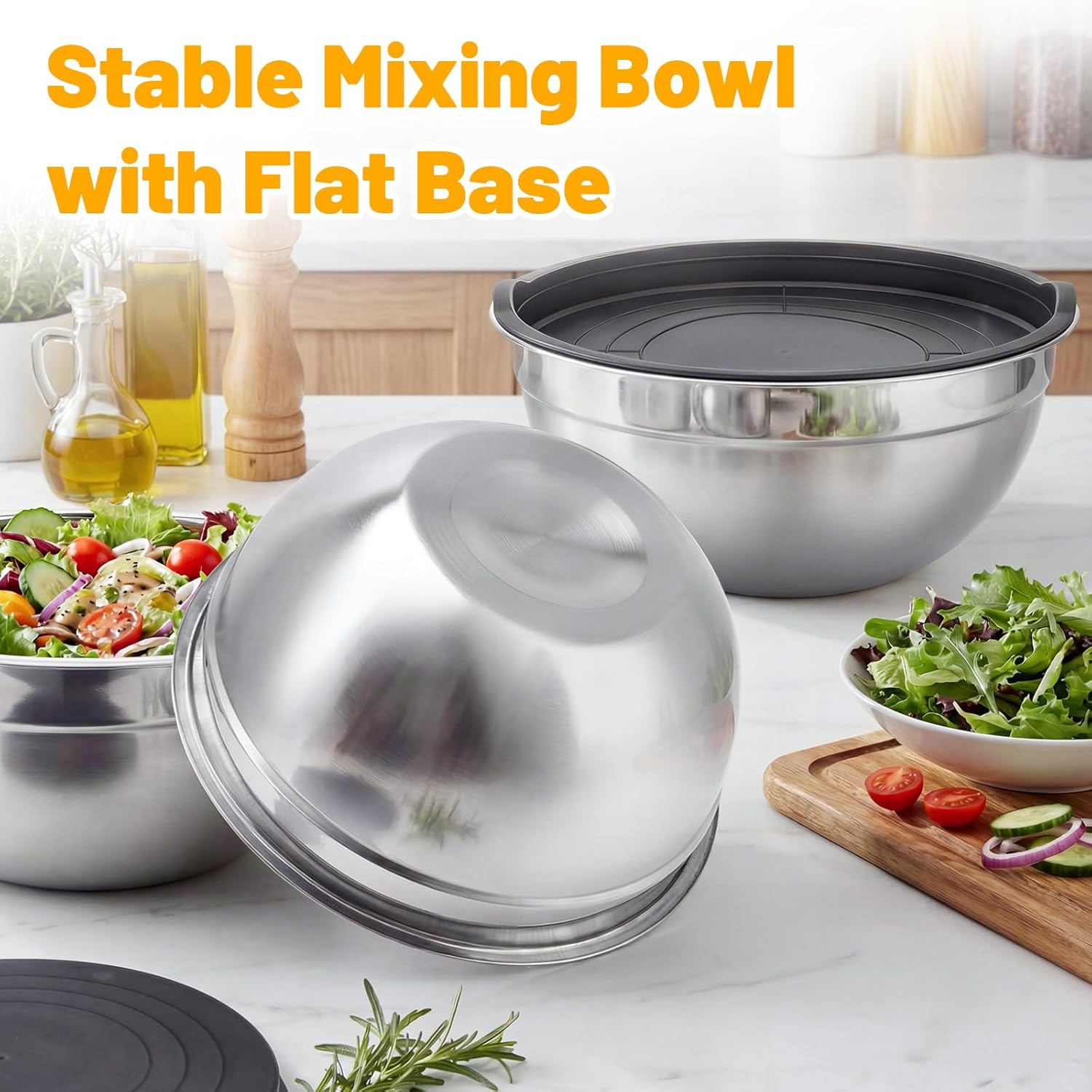 Beasea Stainless Steel Mixing Bowl Set of 3, 5 QT Large Stackable Mixing Bowls with Lids Set, Metal Nesting Bowl with Lid for Baking, Prepping, Salad, Serving, Kitchen Food Storing