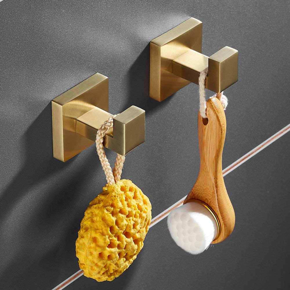 SHUNLI Gebürstete goldene Handtuchhaken für Badezimmer, 4 Stück Wandhaken, Kleiderhaken, Handtuchhalter, robuster Badhaken, moderner Quadrat, SUS304 Edelstahl