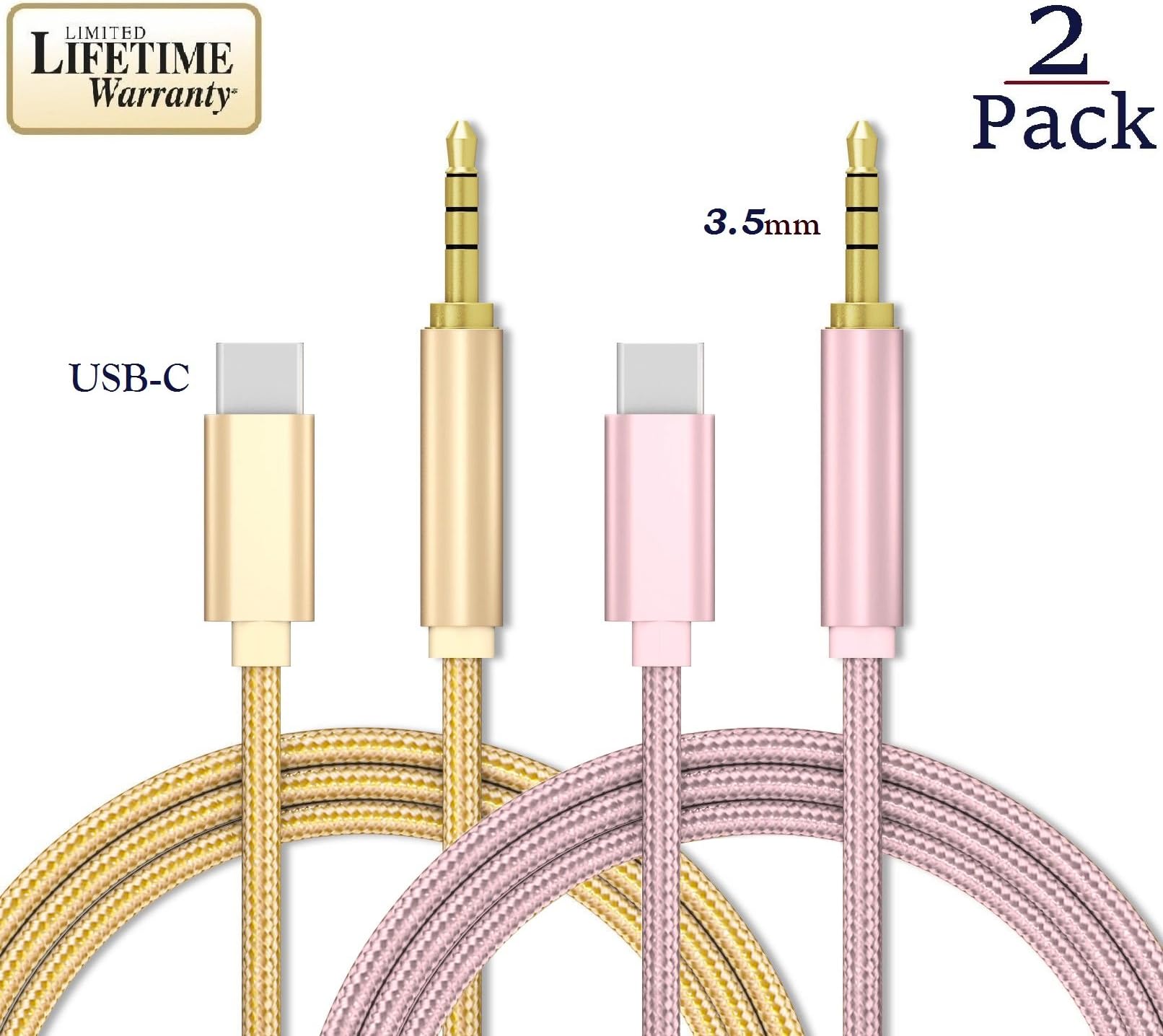 Josi Minea x2 Pcs USB Type C Male [ USB-C ] to 3.5mm Male AUX Audio Adapter 3ft/1M Headset Headphone Extender 3 Ring Nylon Cable for Samsung Galaxy S8 & S8 Plus, LG G6 Nexus 6P, Macbook [ 2 Pack ]