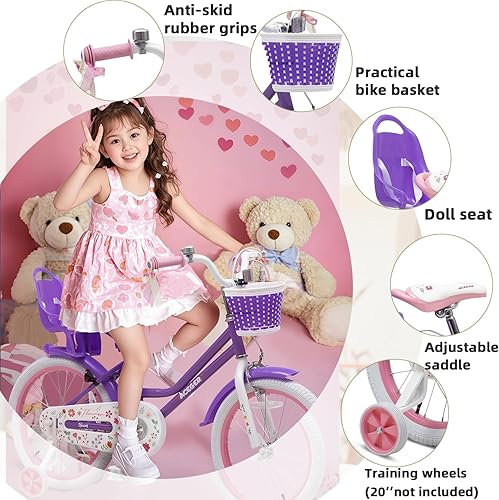 Miniatura 4 de ACEGER Girls Bike with Basket for Ages 2-12 Years Old Kids, 12 14 16 18 Inch with Training WheelsPrincess Style with Streamers, Handbrake & Coaster