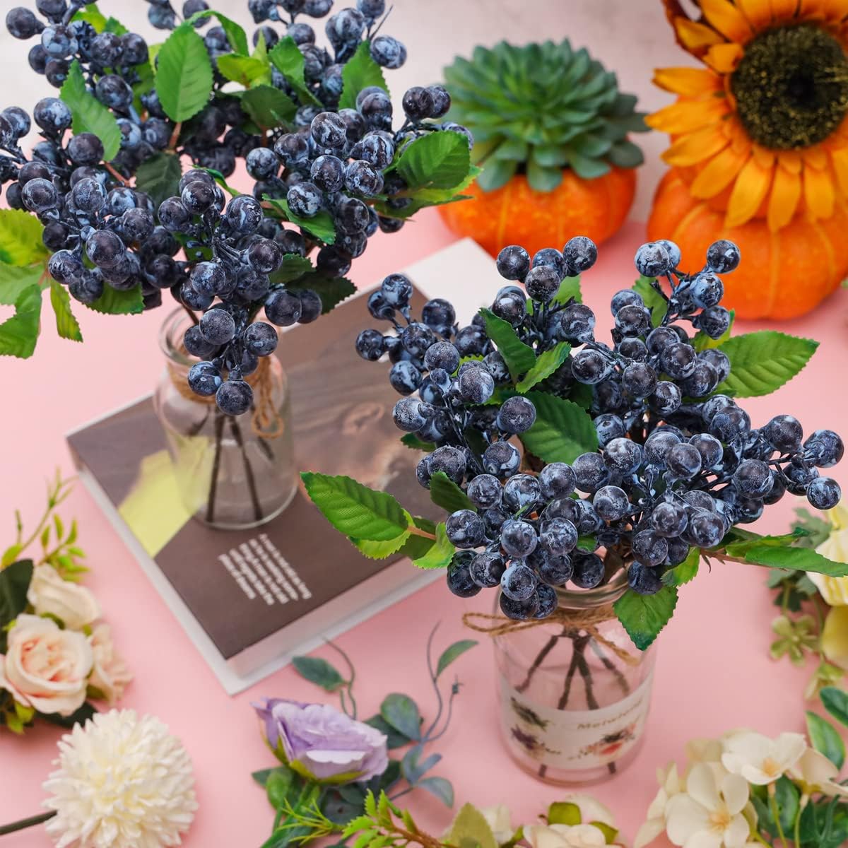 10 Inch Fake Blueberries with Stems, 3Pcs - Blue | Realistic,frosted appearance,DIY bouquet, christmas wreath arrangement, daily vase floral arrangement, wedding party decor
