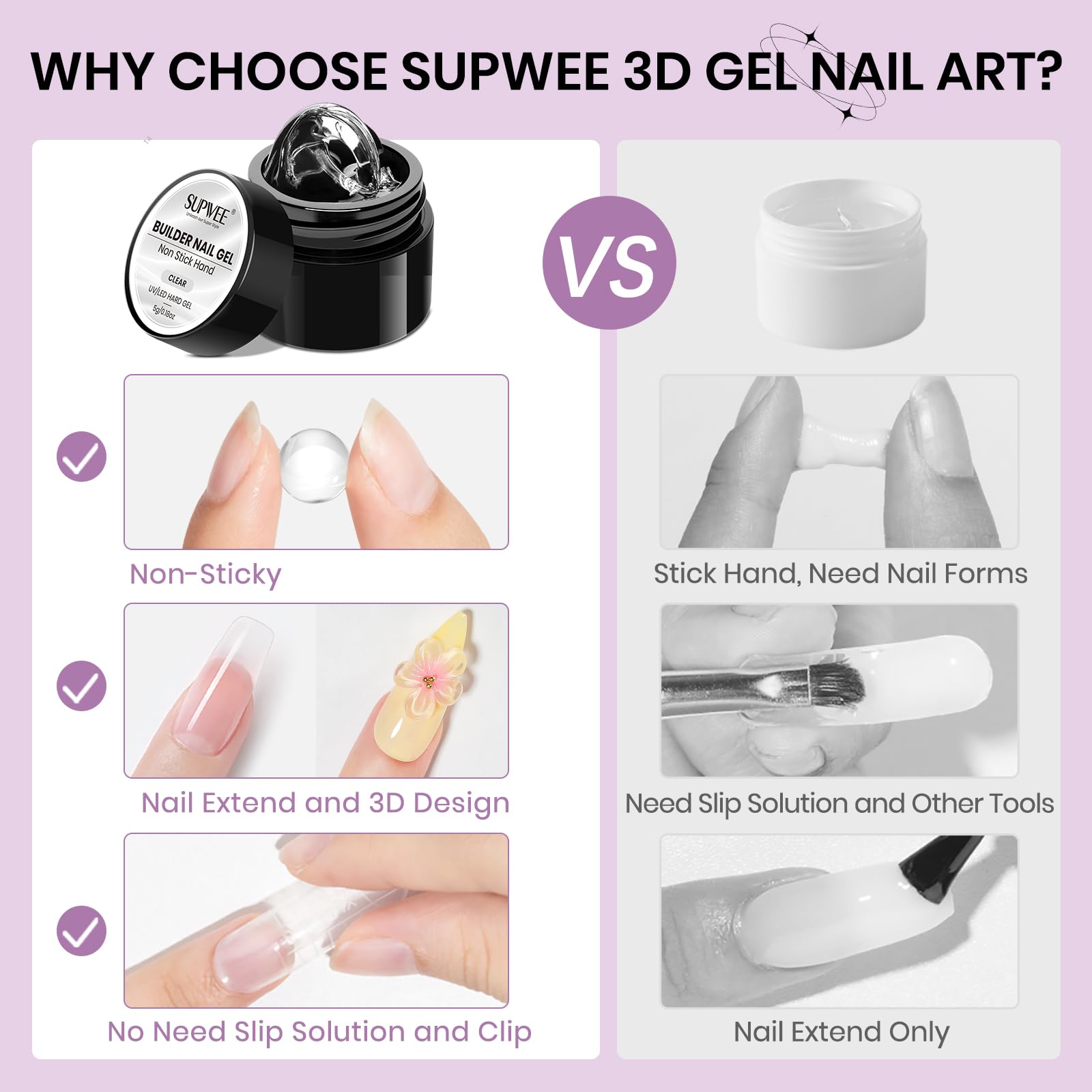 SUPWEE Solid Builder żel przezroczysty biały, nieprzywierający żel 3D Nail Extension 5 g | Żel 3D Nail Art z silikonowym pisakiem i kształtem do paznokci, tłoczenie wzorów do manicure domowego DIY