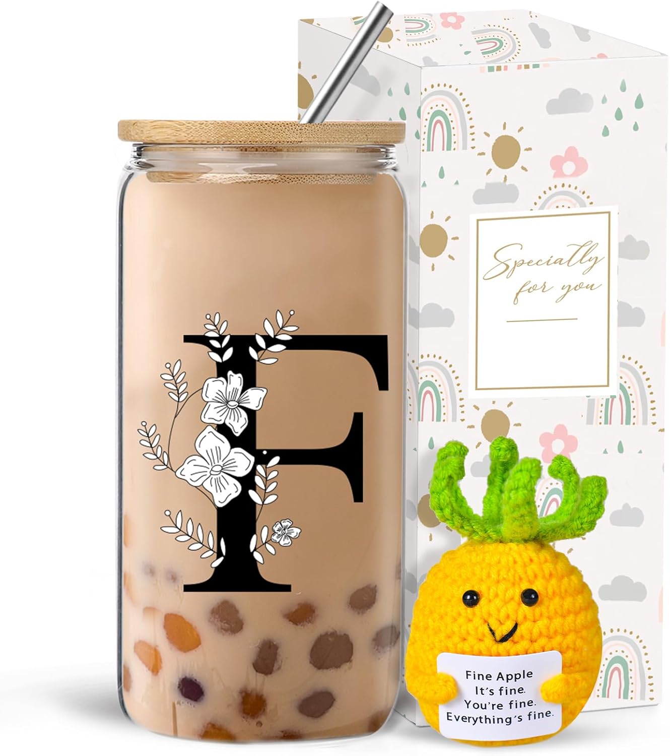 Monogrammed Initial Glass Cup with Lids and Straws, Personalized Gift Set with Doll, 16 Oz Ice Coffee Cup for Women, Birthday Christmas Mothers Day Gift for Her, F