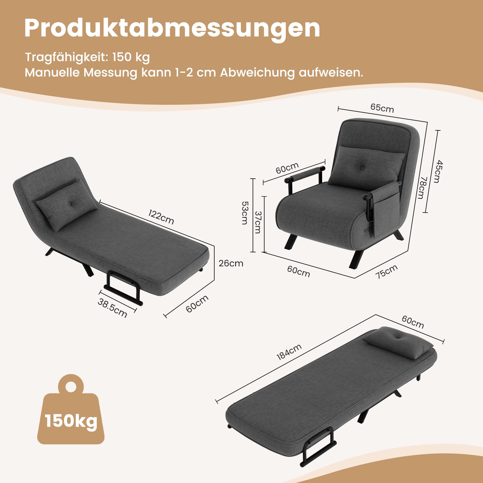 YOUDENOVA Schlafsessel 4 in 1 mit Bettfunktion, 150 kg belastbar, Schlafsofa mit 5-Fach Verstellbarer Rückenlehne, Sofa mit Aufhängetasche, Schlafcouch, Gästebett, Klappsofa, 184 × 63 cm, Dunkelgrau