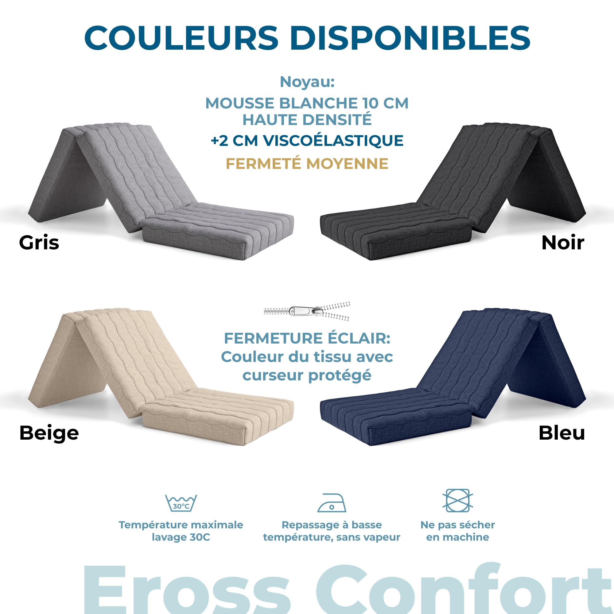 Matelas Pliable pour Camping-Car, Mousse HD + 2 cm viscoélastique, Matelas Pliable pour invités, Respirant, Housse déhoussable, Hauteur 12 cm