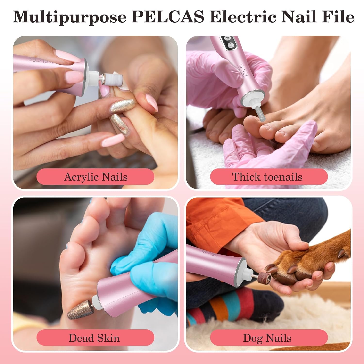 PELCAS Electric Nail File, 10 Speeds Cordless Nail Drill Kit with LED Light, Professional Nail Grinder with LCD Screen Portable e File for Human, Pet, Thick Toenails, Natural & Acrylic Nails Pink - Image 5