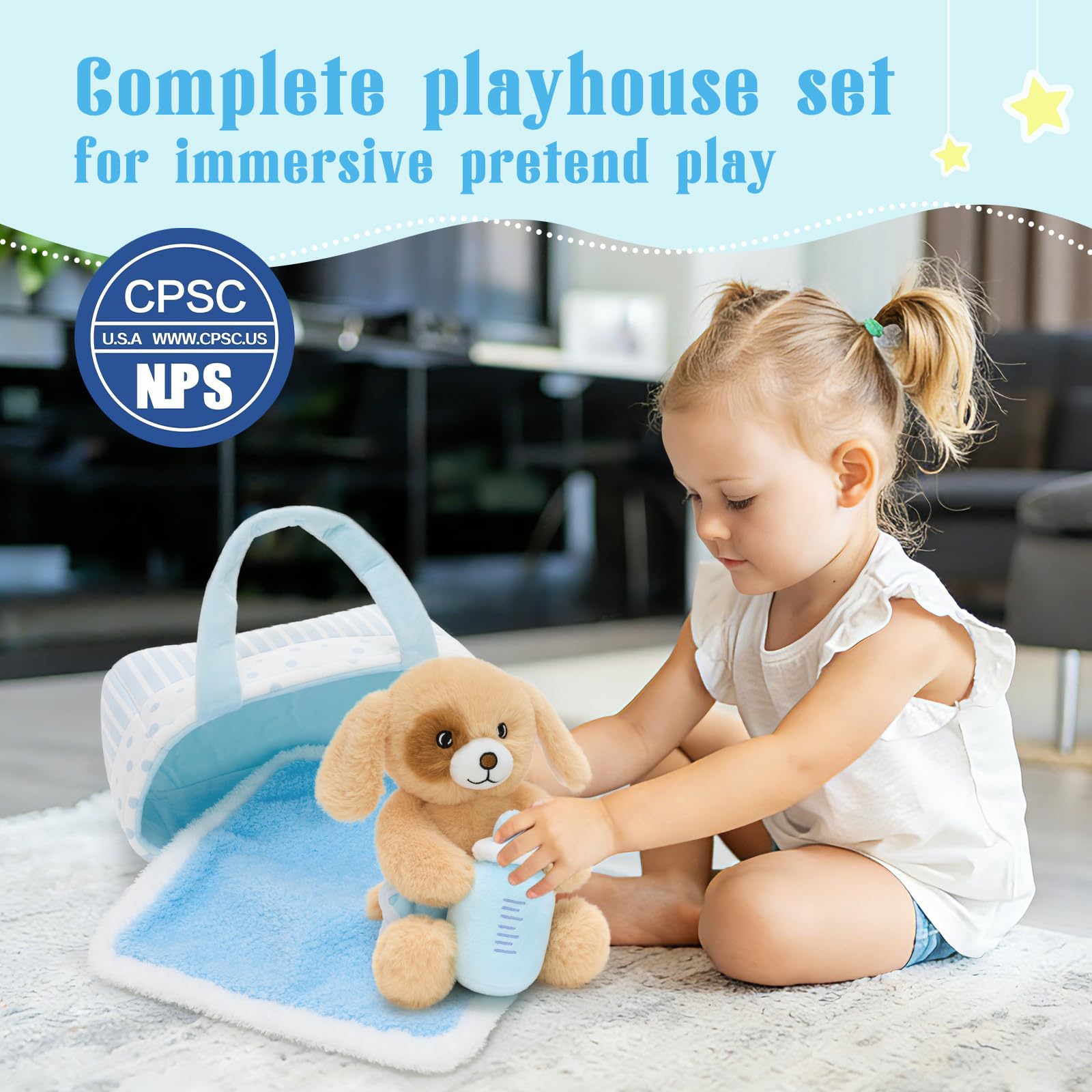 Tezituor Peluche cucciolo di peluche con pannolino, bottiglia per il latte, coperta e cestino, giocattoli per far finta di giocare per bambini carino set per neonati