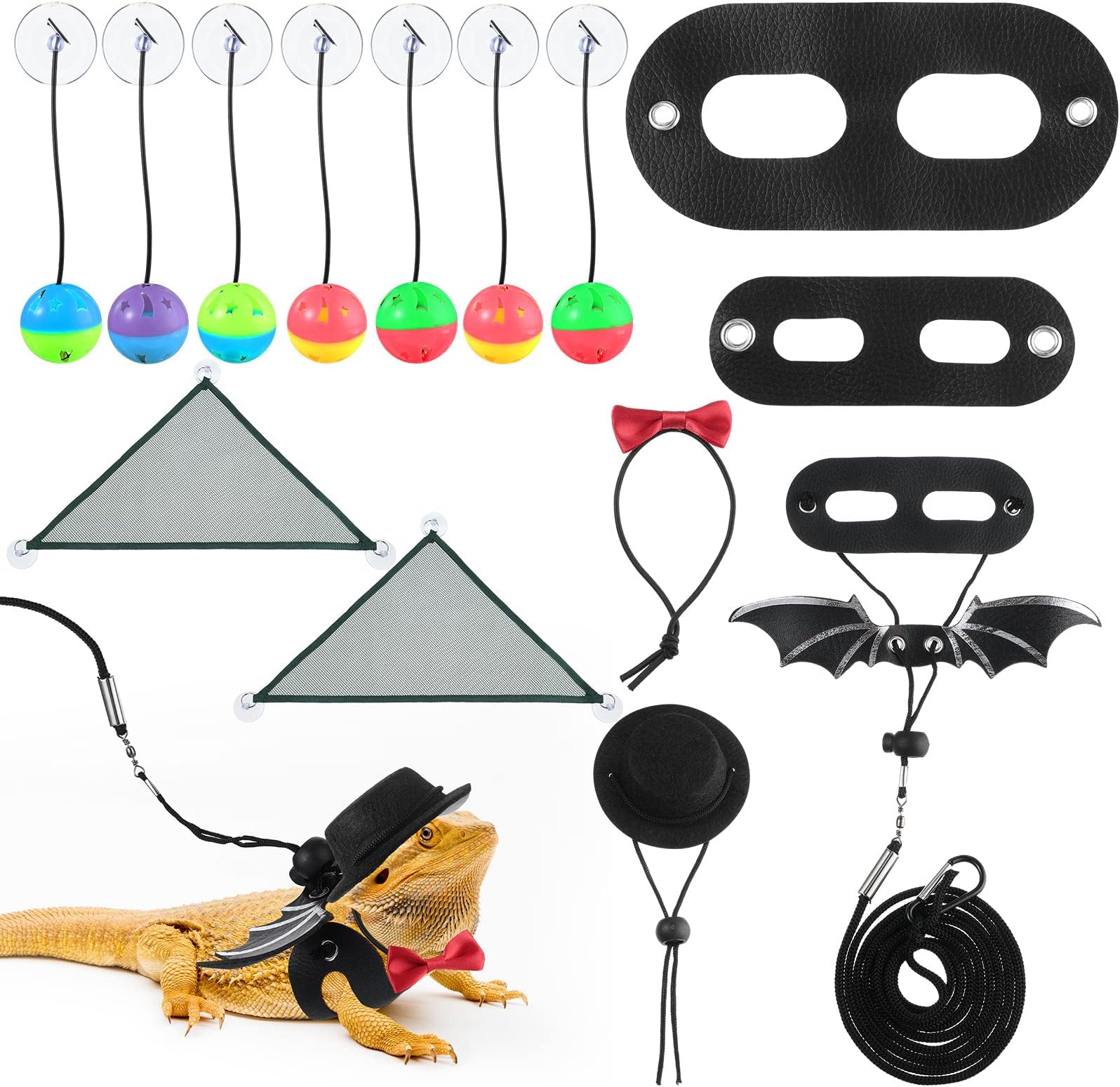 Mixweer 12 Pack Bearded Dragon Accessories Set Bearded Dragon Leash Harness Adjustable Leash Bat Wings with Hat Bow Tie Collar Toys Ball for Bearded Dragon Mesh Hammock for Lizard Reptile Small Animal