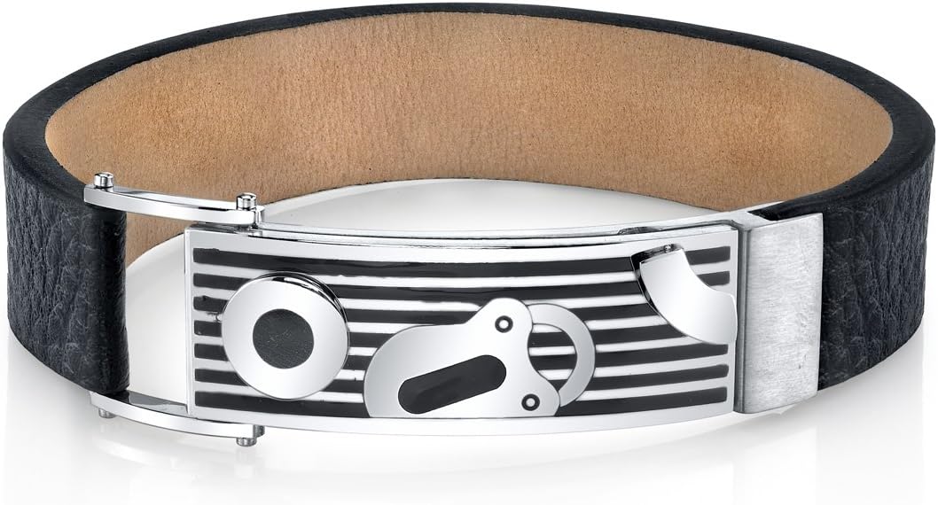 PEORA Custom Men's Black Leather and Stainless Steel Bracelet, Sleek Lock Design, Fold-Over Clasp, 8.25 Inches, Hypoallergenic Bracelet, Stylish Fashion Jewelry, Gifts for Men w/Jewelry Box