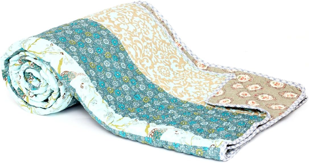 1001 Wohntraum I Japan T211 Quilt with Japanese Blossoms Design 180 x 220 cm in Patchwork Country Baroque Style [Blue]