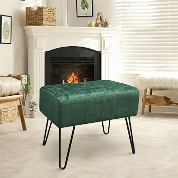 Dark Green Velvet Tufted Ottoman 19.5"x12.5"x17" Entryway Bench Comfy Furry Makeup Stool Footrest Sturdy Footstool Bedroom End of Bed Living Room Couch Vanity Home Christmas Decor Outdoor