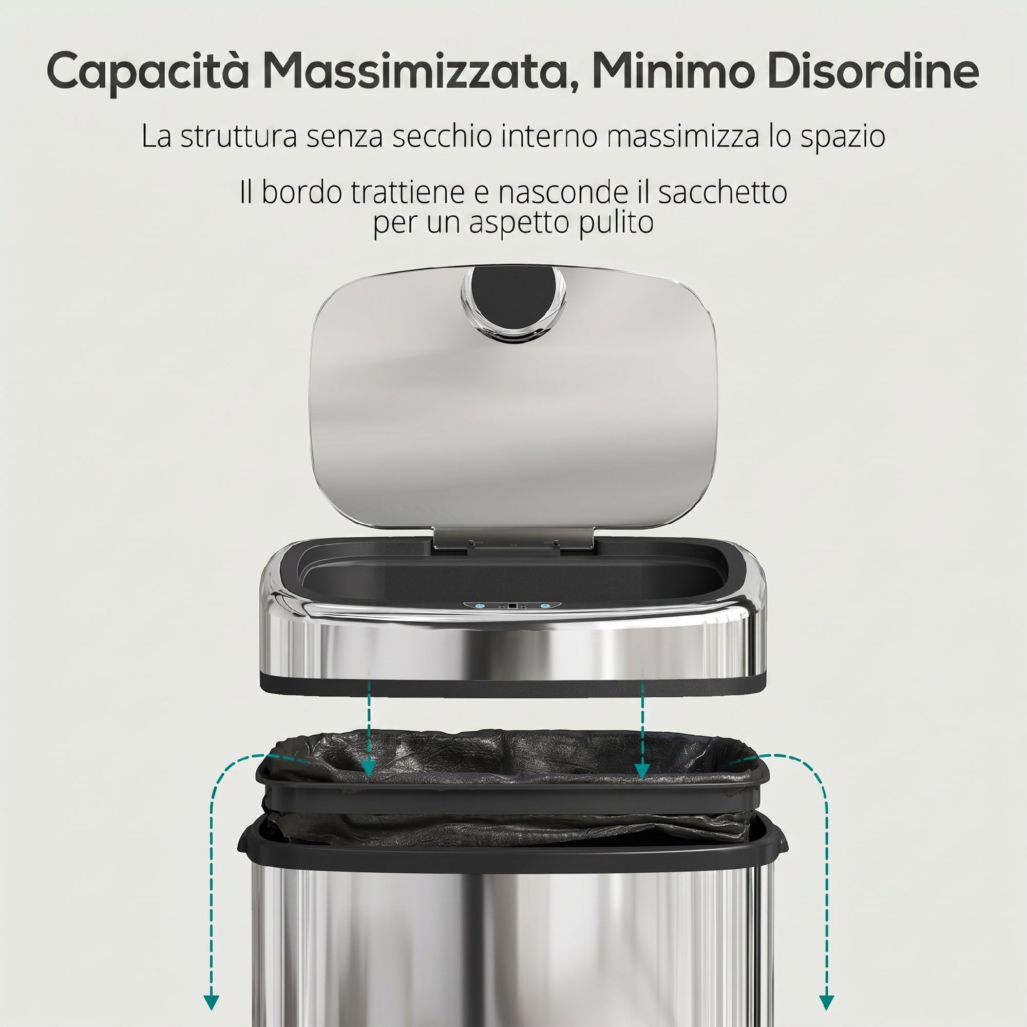 HOMCOM Pattumiera con Sensore a Infrarossi da 50L Acciaio Inox Argento | Cestino Automatico, 2 Modalità di Apertura, Superficie Anti-Impronte
