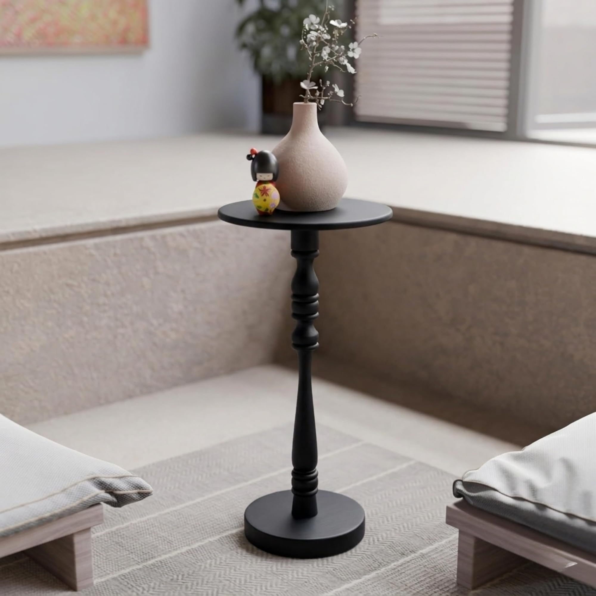 Relso Stambha Solid Wood Drink Table - 24" Tall Round Accent Side Table, Handcrafted Black Finish, Mango Wood, Perfect for Living Room, Bedroom or Indoor Plant Stand, 12" Compact Top-image-42