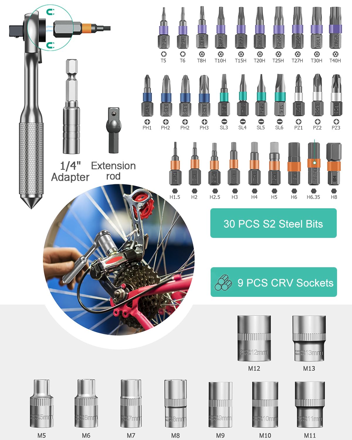 ORIA Ratchet Screwdriver Set, 42 in 1 Ratchet Wrench Bit Socket Set including 30 S2 Bits, 72-Tooth Reversible Ratchet - Image 4