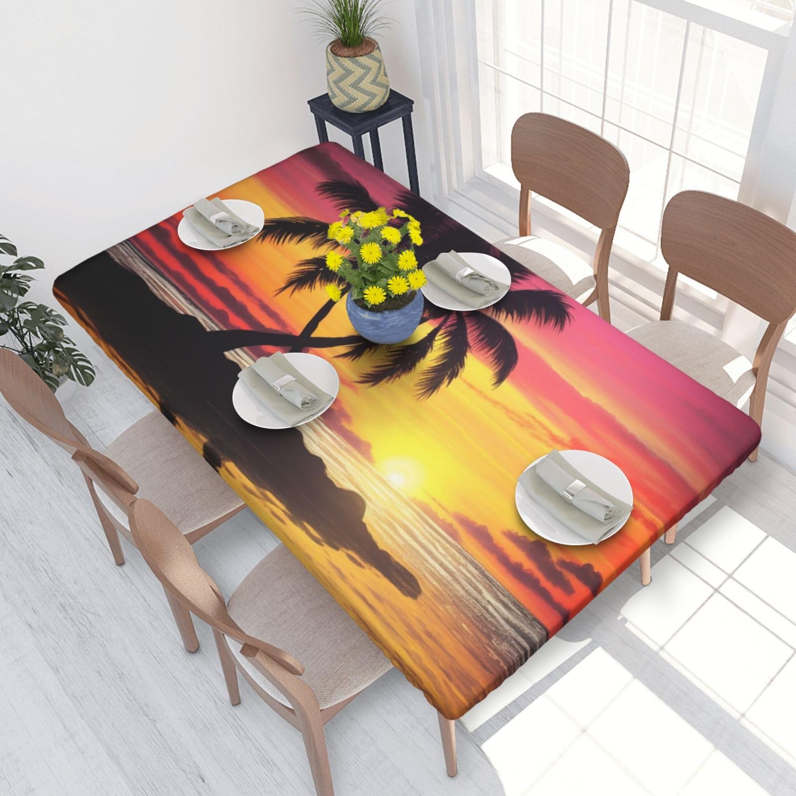 DCARSETCV Tropical Palm Tree Printed 4FT Waterproof Tablecloth with Elastic Edged Protect & Decor Your Table, Oil-proof Washable Table Cloth Cover for Dinner Picnic Party