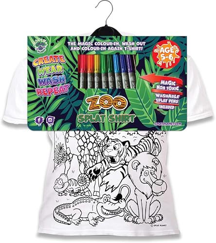 Miniatura 4 de Splat Planet Colorea en animales del zoológico, camiseta Jungle Safari con 10 bolígrafos mágicos lavables no tóxicos y lavables, Blanco