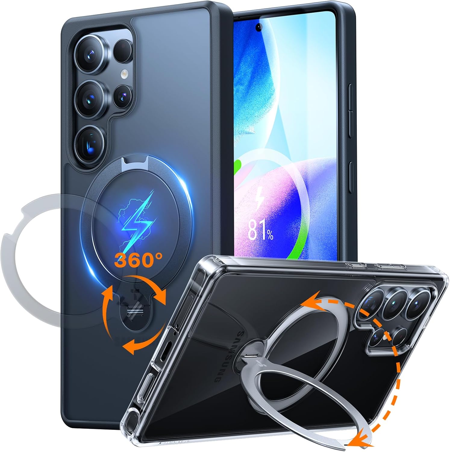 TORRAS 360° Spin Magnetic Stand for Samsung Galaxy S25 Ultra Case, Fit for Magsafe, Military Grade Slim Protective S25 Ultra Case with Kickstand & Ring Holder, Ostand Spin, Translucent Forested Black