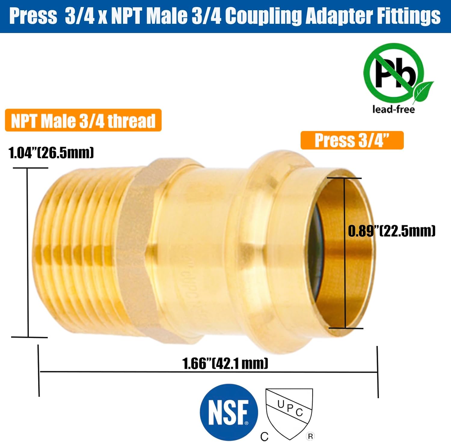WHK 10 Pack 3/4" Press Pro press x 3/4" NPT Male Adapter Fittings pressure Cooper Conenct to Male NPT Pipe（Lead-Free,Pro Press Copper to 3/4 Male NPT PIPE)