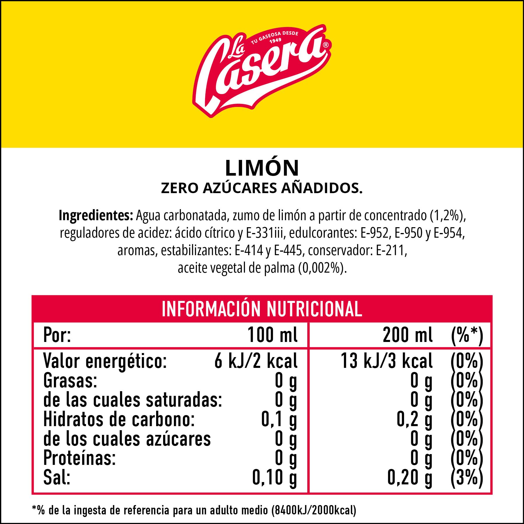 La Casera Limón, Refresco con Gas, Cero Azúcares añadidos - Lata, Pack 24 x 33 cl