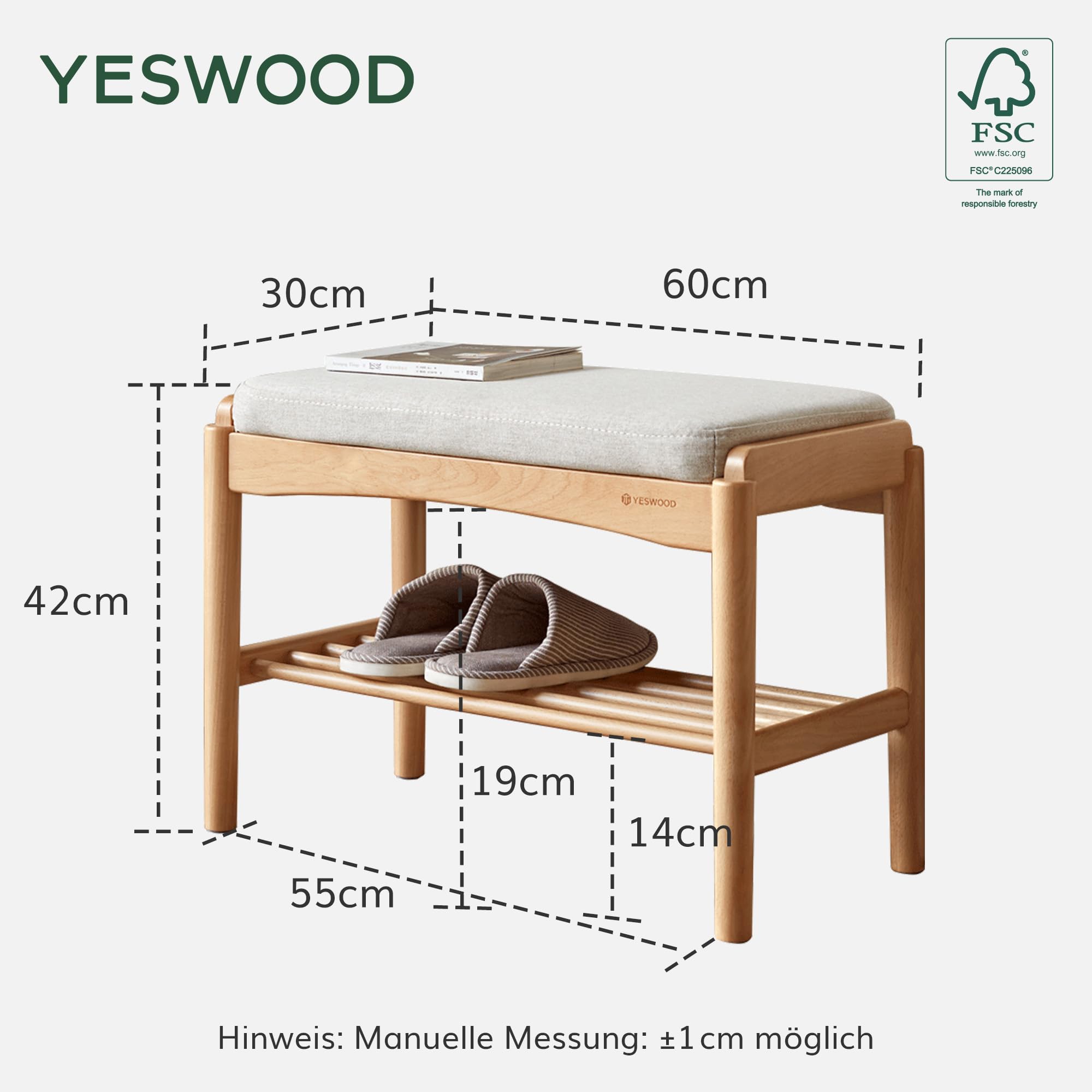 YESWOOD Schuhbank mit Sitzpolster Massivholz Buche, Sitzbank für Flur mit Schuhablage, Gepolsterte Bank mit Offenem Regal, Holz Bank für Eingangsbereich Schlafzimmer, Natur