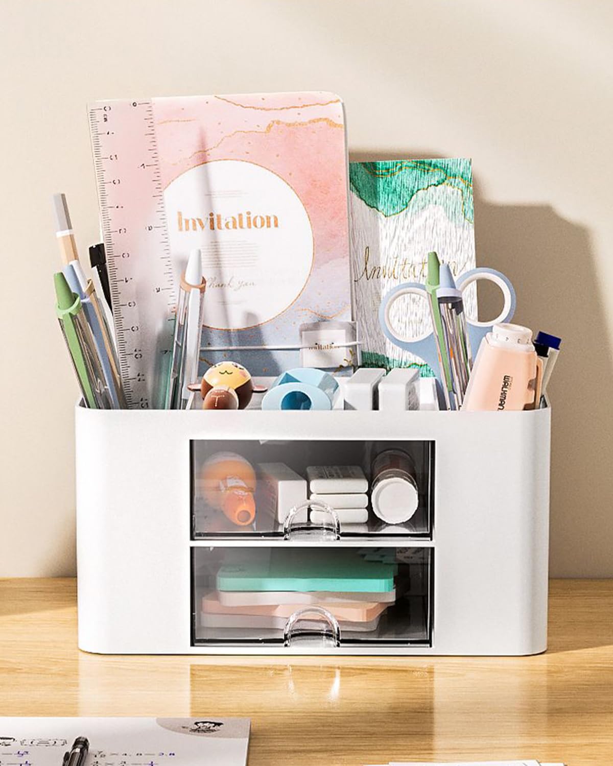 Office Desk Organizer with 2 Drawers Multi-Functional Desktop Pen Pencil Case Storage Box,Desktop Organizer for Office Home Supplies White LCC570-02