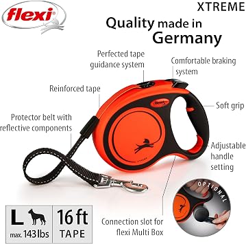FLEXI New Classic Tape Retractable Dog Leash for Large Dogs Upto 143 lbs. 16 ft., Orange/Black |Tangle Free Pet Walking Leash with One-Handed Brake, Pause, Lock |German Quality Product