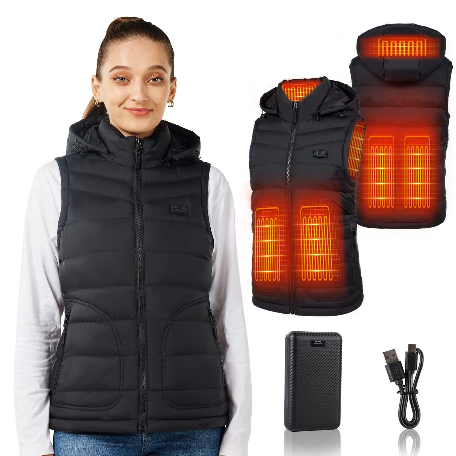 Chaleco Calefactable Mujer: Chaleco Calefactable con Capucha Ropa Calefactable Mujer Chaleco Calefactor con Batería 7.4V 16000mAh (FR/ES, Letras, M, Regular, Regular, Negro)