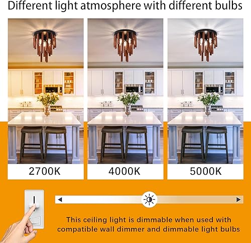 Miniatura 2 de Lámpara de techo de montaje empotrado de granja, tira de madera rústica de 3 luces cerca del techo, iluminación de techo retro vintage de roble rojo