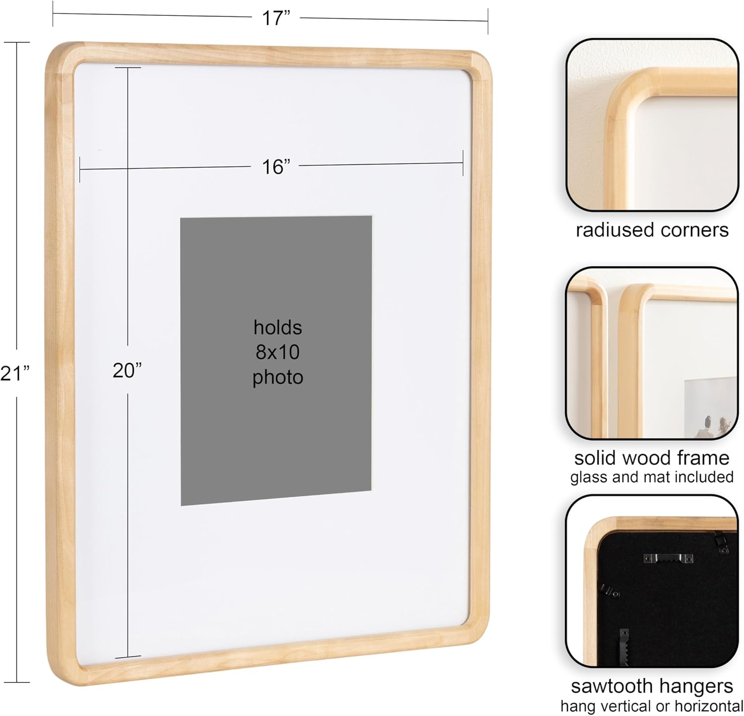 Kate and Laurel Inglewood Modern Wall Picture Frame Set of 3; 16x20 matted to 8x10; Natural Wood; Three-Piece Frame Set for Gallery Wall Accent Set in Living Room Decor