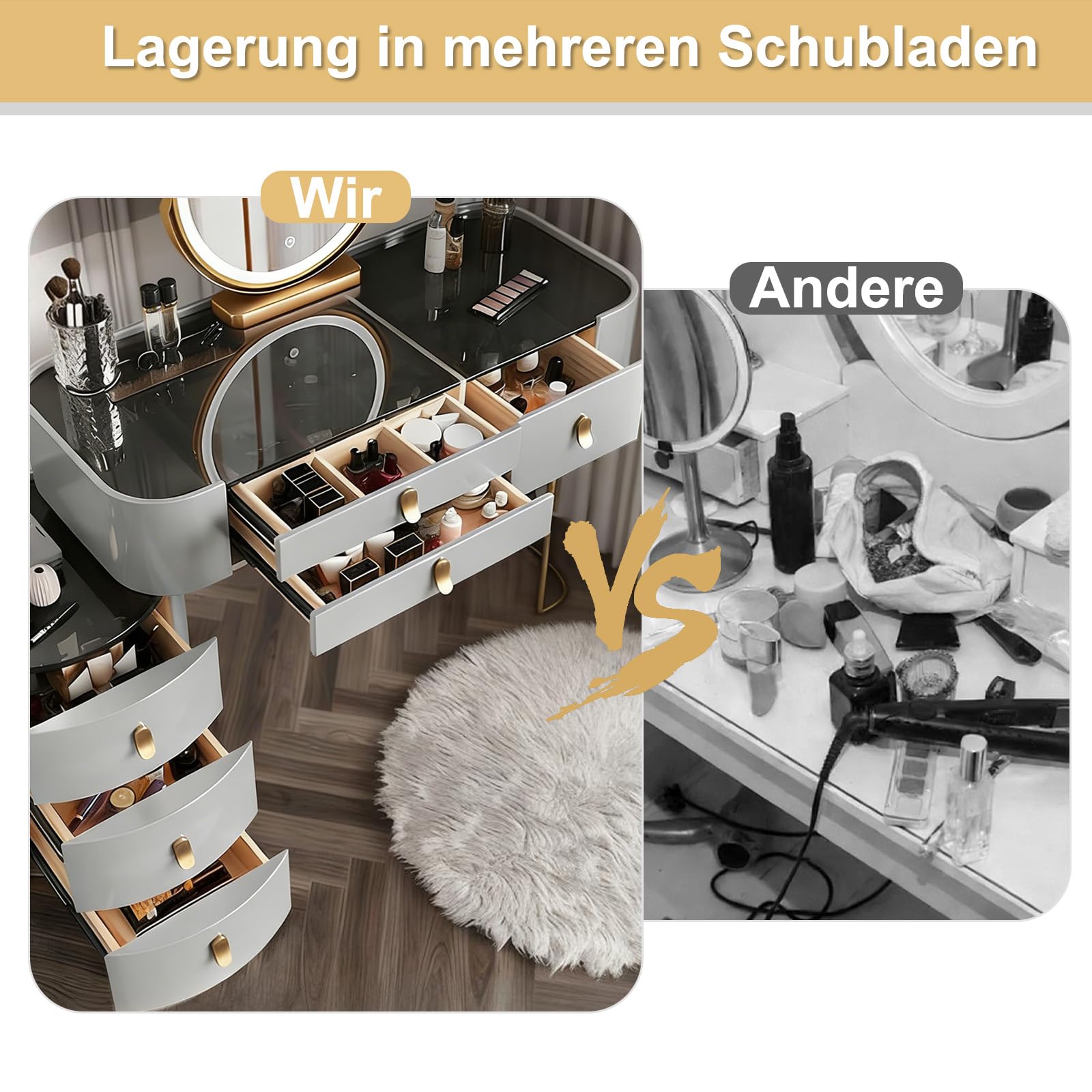 Schminktisch mit Spiegel und Stuhl, Luxuriöser Grau Frisiertisch mit Vergoldete Griffe, 100cm Kosmetiktisch mit 6 Schubladen & Seitenschrank für Schlafzimmer, PU-Leder