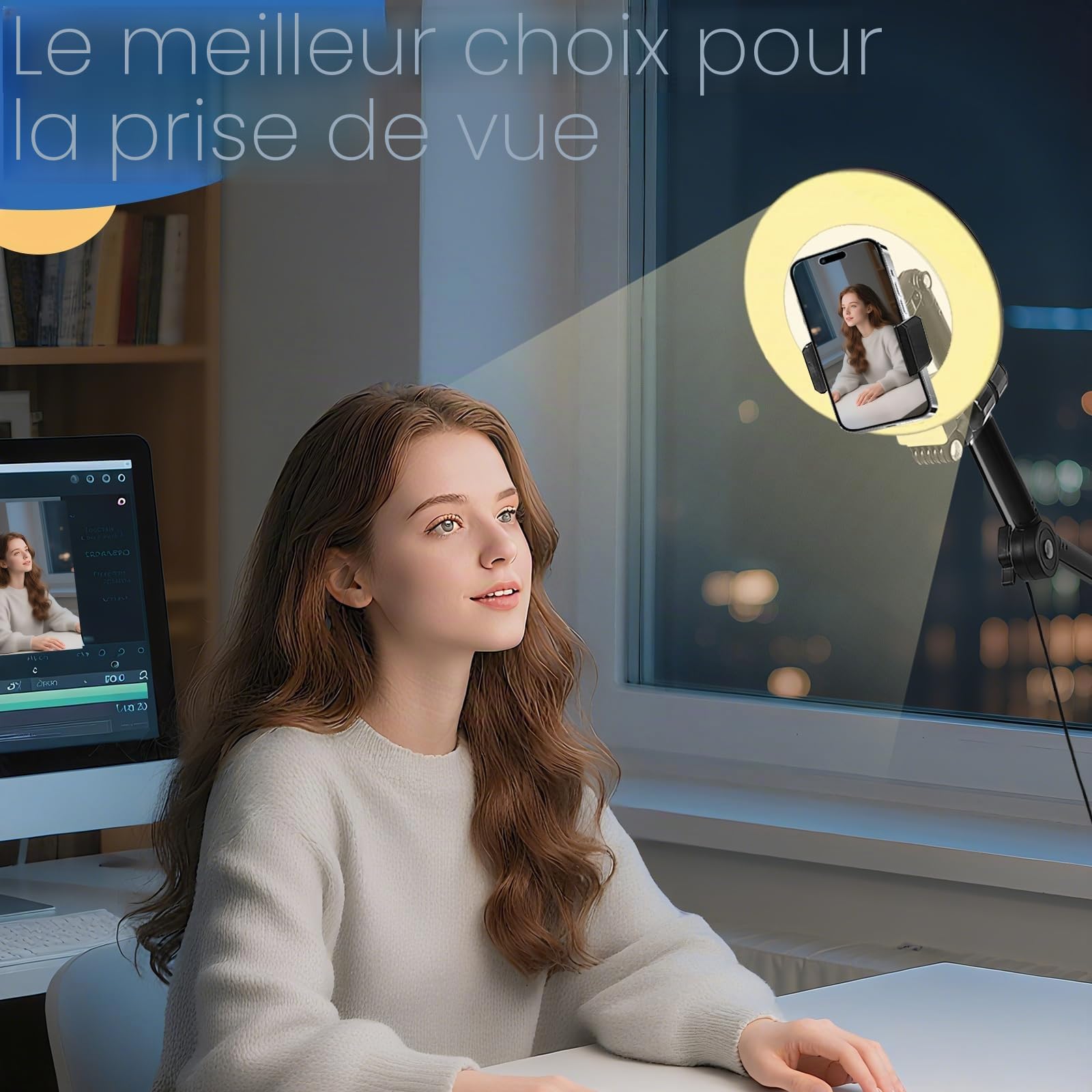 Hivexagon Support de téléphone de bureau suspendu avec anneau lumineux de 15 cm et base lestée, hauteur réglable de 50 à 130 cm, pour enregistrement vidéo, photographie, maquillage,diffusion en direct