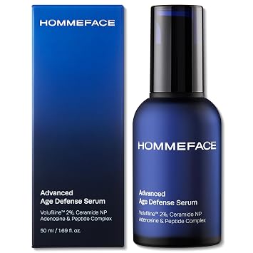 HOMMEFACE Mens Advanced Age Defense Anti-Wrinkle Face Serum - Anti-Aging Korean Skincare Technology with Volufiline, Ceramide, Collagen, Hyaluronic Acid & Peptides, 1.69 fl oz