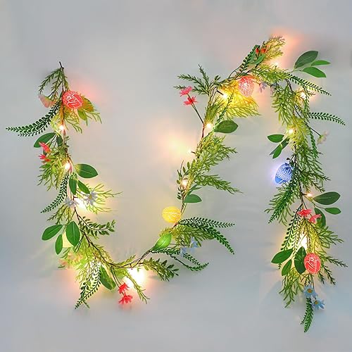 CCINEE Guirnalda de Pascua iluminada de 6 pies, 20 luces LED, guirnaldas artificiales con huevo de Pascua y flores rosadas, ramas sintéticas para