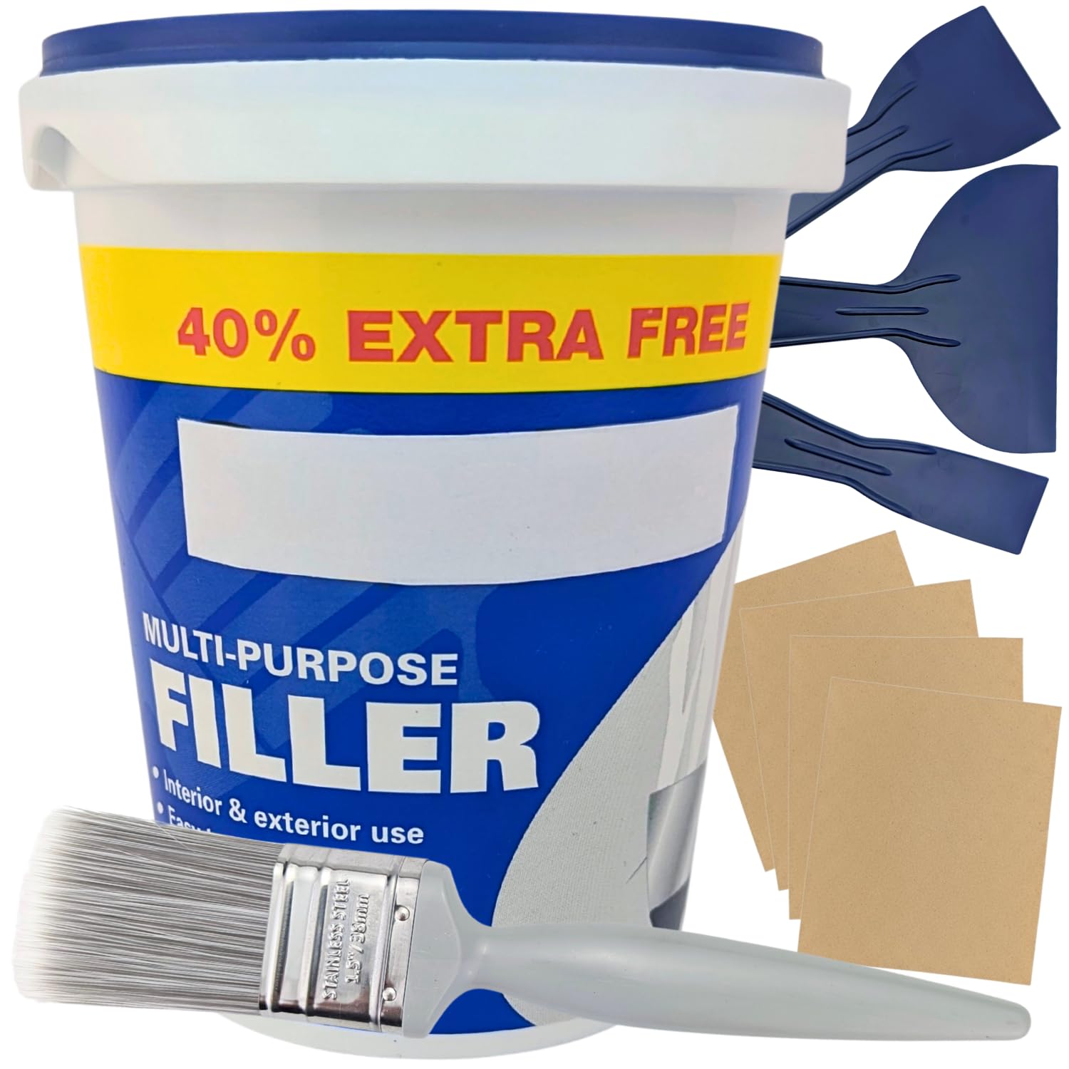 Ready Mixed Plaster & Wall Filler Repair Kit | White, Fills Holes & Cracks in Walls & Ceilings | 840g Ready Mixed Filler, 3 Scrapers, 4 Sanding Sheets & Brush