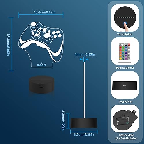 Miniatura 6 de Attivolife Lámpara 3D de gamepad con controlador de ilusión de holograma para niños, 16 colores cambiantes y control remoto de atenuación,