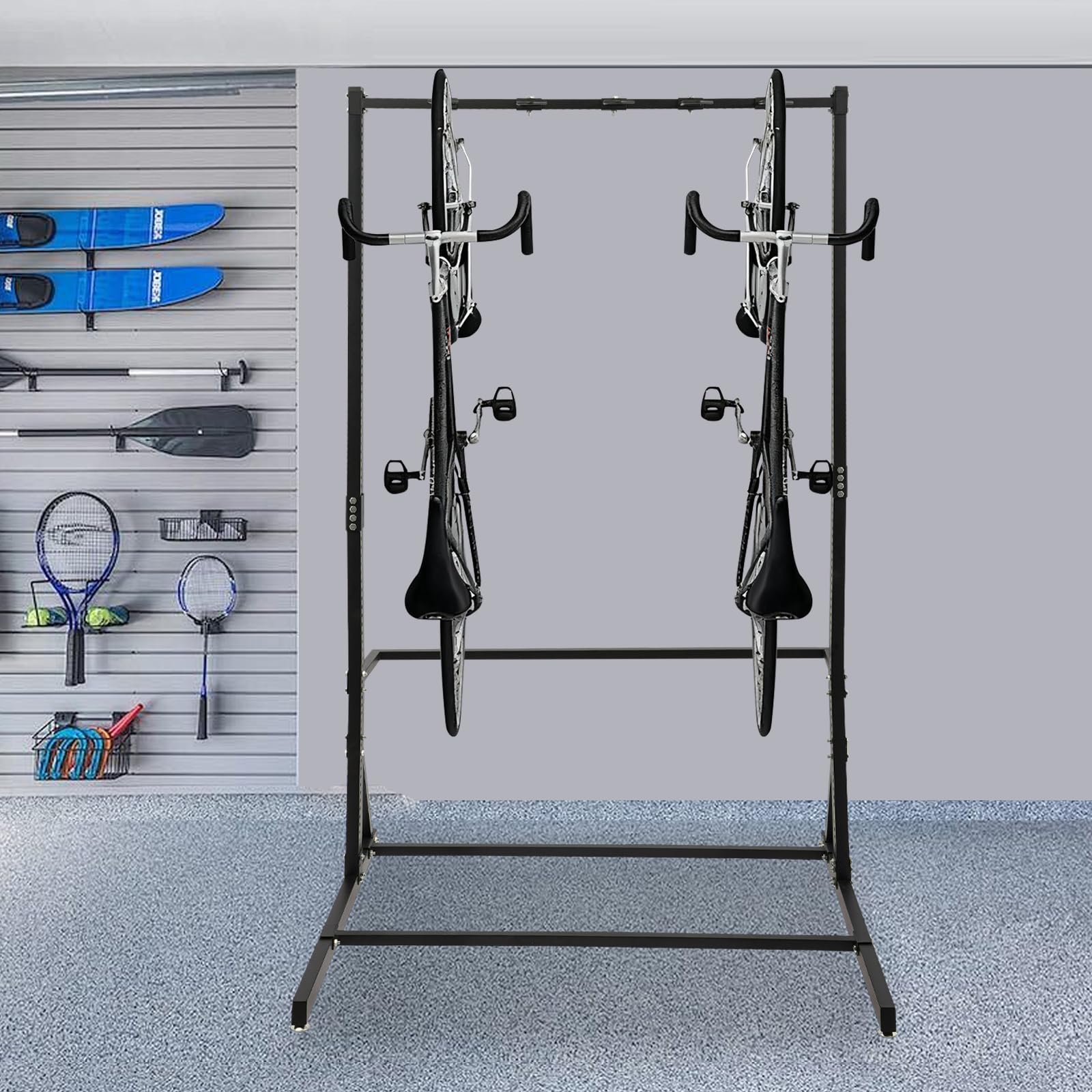 Stojak na rowery pionowe, 5 szt., pionowe zawieszenie roweru do garażu i piwnicy, nośność do 150 kg, regulowane haki i wysokość, oszczędność miejsca, z 5 haczykami, czarny, 117 x 91,5 x 205 cm