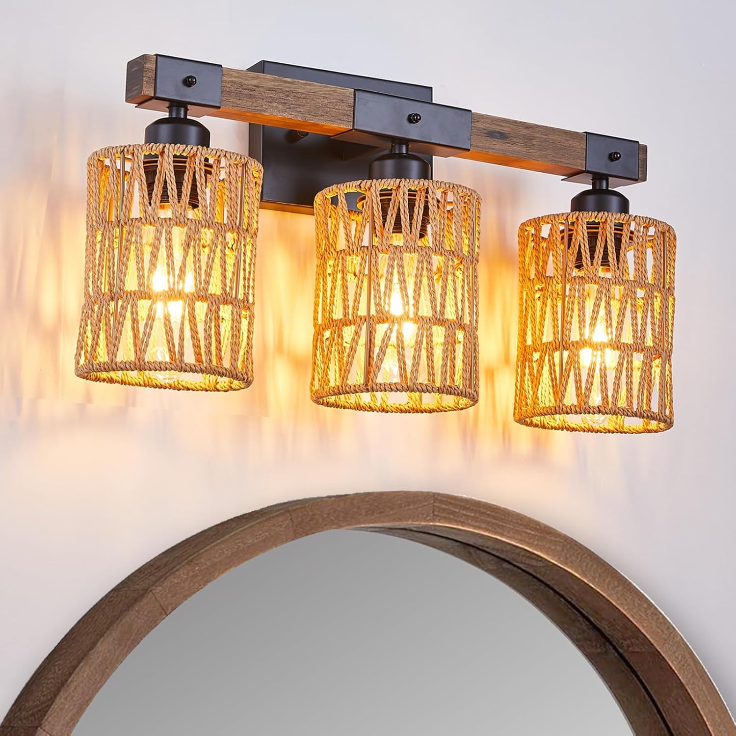 Feohak Bathroom Vanity Light, 3-Light Boho Bathroom Light Fixtures Over Mirror, Black Wood Rattan Farmhouse Rustic Wall Sconce, Bamboo Wicker Coastal