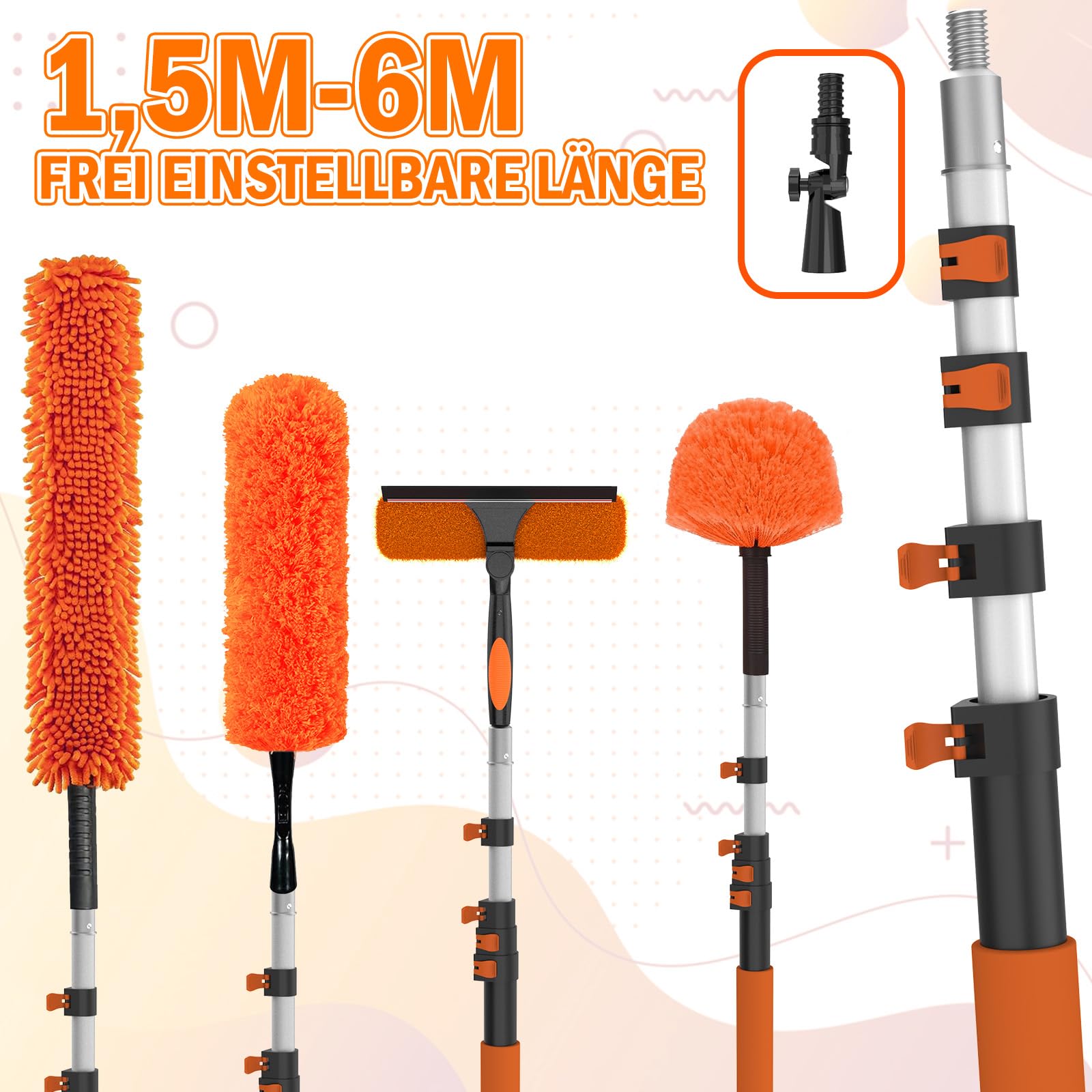 LAANPOLE 6M Staubwedel Teleskop Waschbar, Spinnwebenbesen mit Teleskopstiel, Fensterabzieher zum Reinigen von Decken, Lücken, Deckenventilatoren