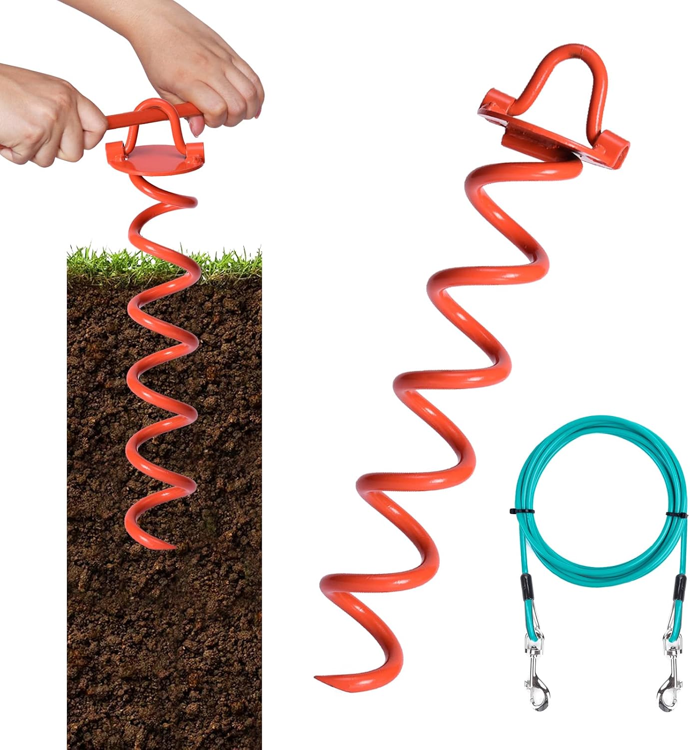 AMOFY Dog Tie Out Cable and Stake No Tangle Ground Anchor Stake Heavy Spiral Dog Yard Stake and Leash for Large Dogs Up to 125 lbs with…