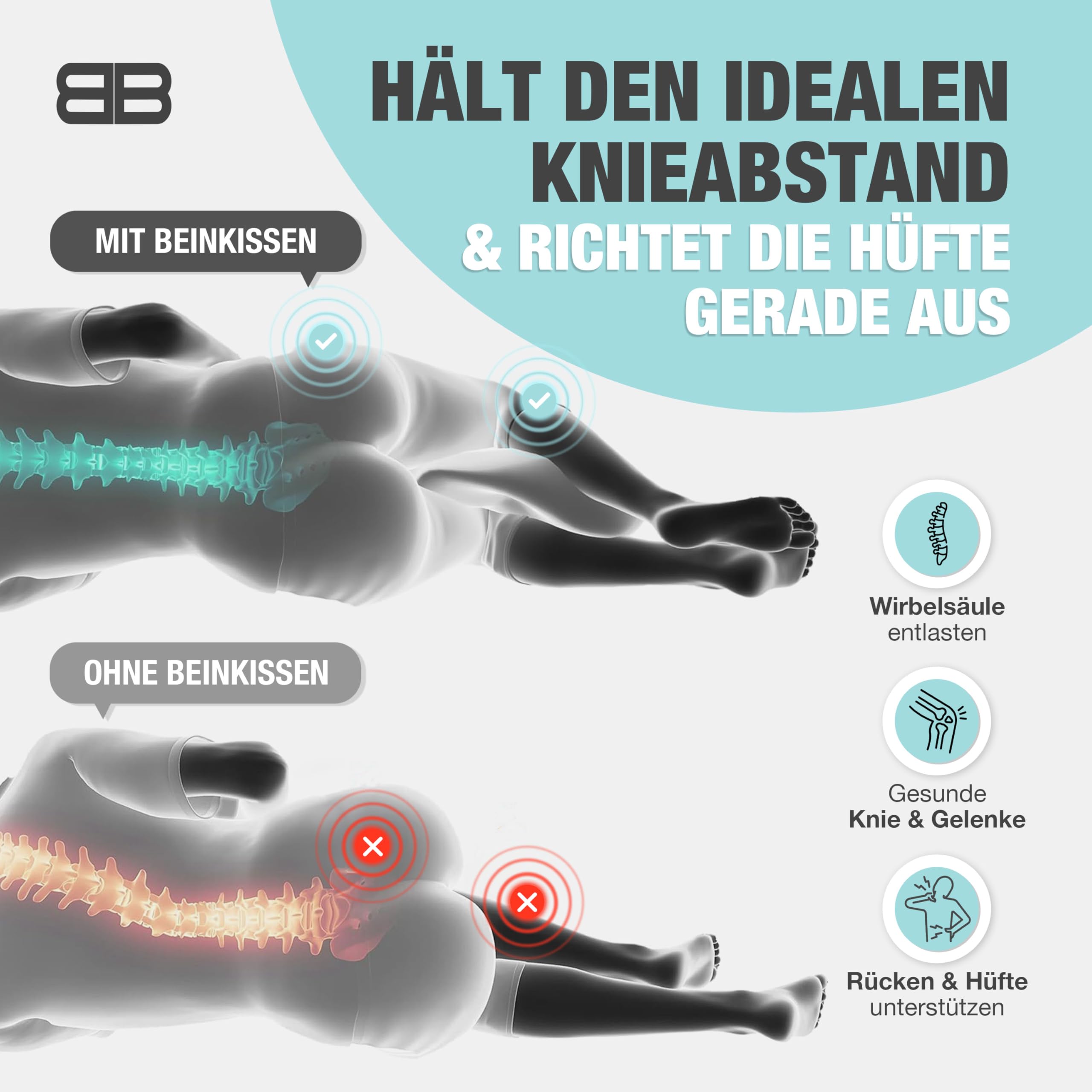 BACK BODYGUARD Kniekissen Seitenschläfer - Beinkissen - Seitenschläferkissen mit Bezug - Lagerungskissen Erwachsene - Beinkissen - Knie Kissen Seitenschläfer - Knierolle (Kissen + Grauer Bezug)
