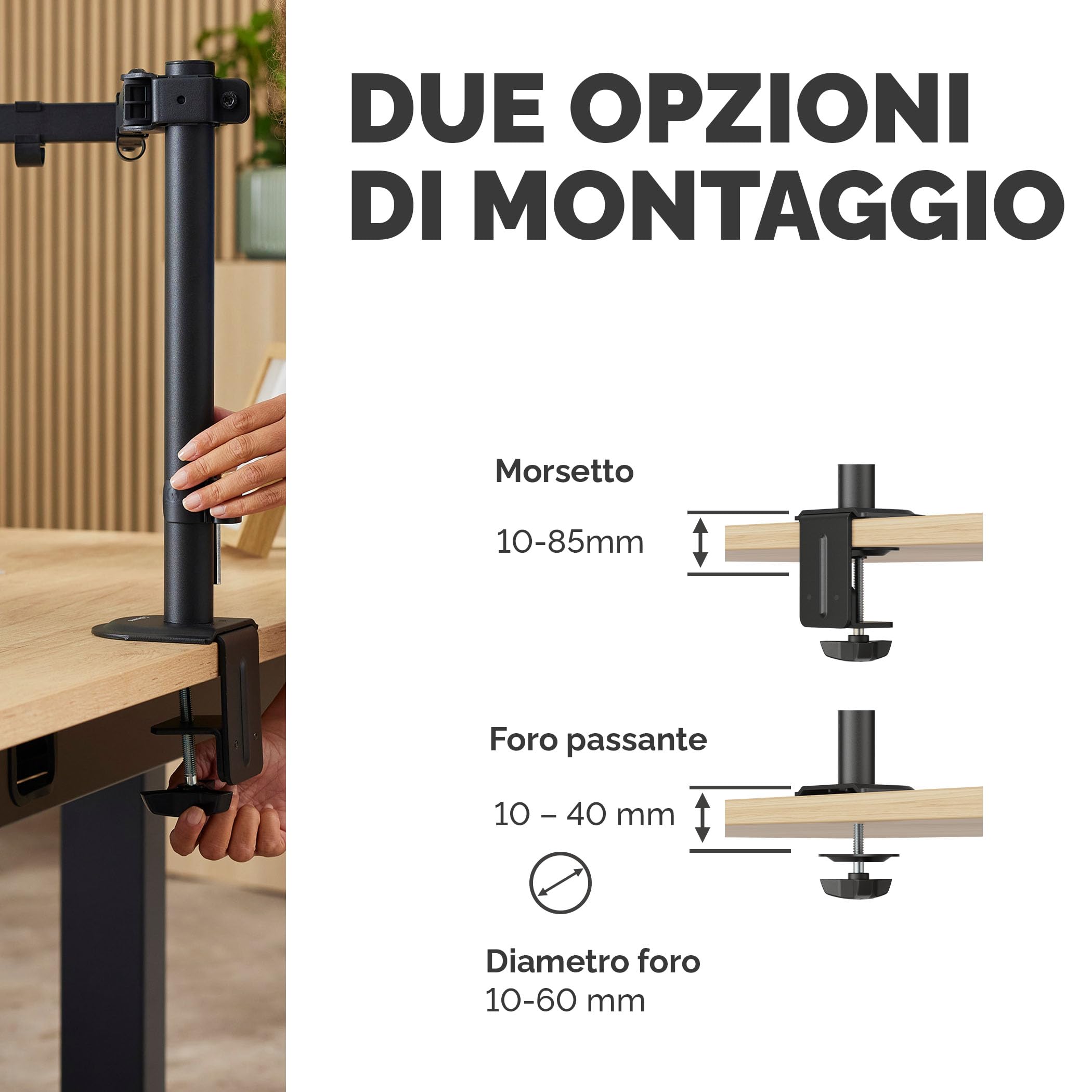 Fellowes Braccio Monitor Doppio Everyday – Supporta 2 schermi 17"-32" (2-9 kg ciascuno), regolabile in altezza, inclinazione e rotazione, VESA 75/100, a morsetto o foro passante - Nero