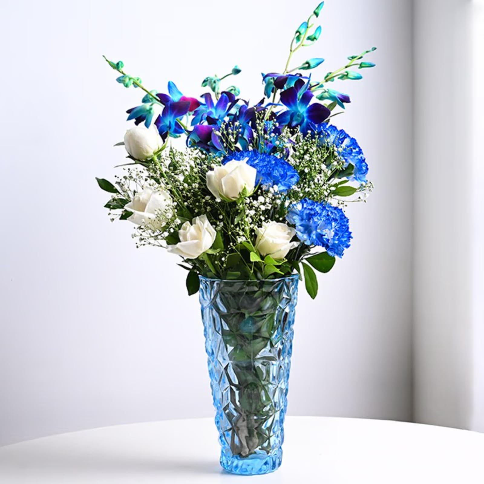 FlowerAura Fresh Live Flower Bouquet of 5 White Roses, 6 Carnations & 3 Blue Flowers In Vase For Birthday & Anniversary Gift, Wedding Gift, Mother's Day Gift, Love & Romance Gift (Same Day Delivery)-image-28