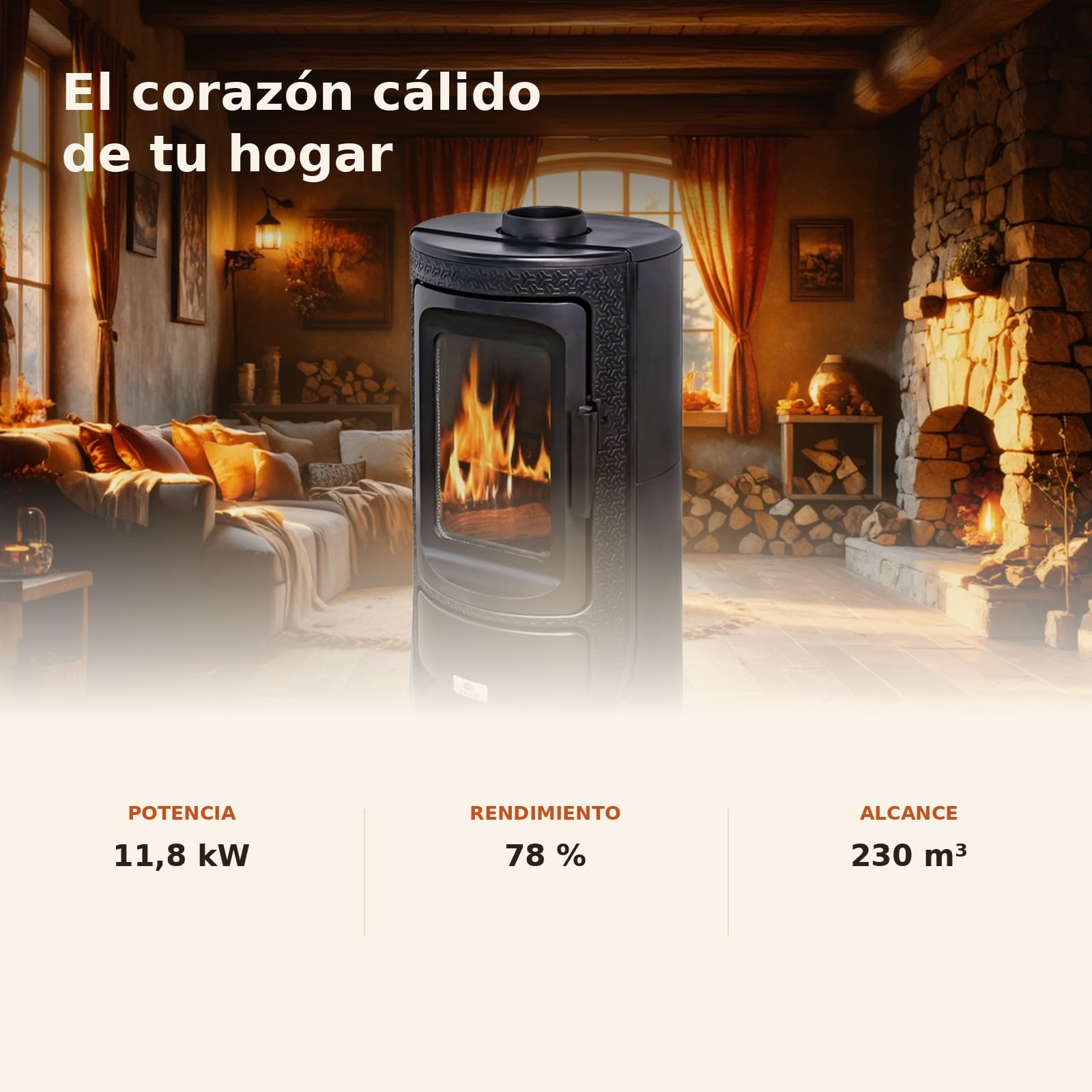 EIDER BIOMASA Estufa de Leña ALTAIR – 11,8 kW – Hierro Fundido – Doble Combustión – hasta 230 m³ – Cristal Panorámico – Calefacción Salón – Certificada CE