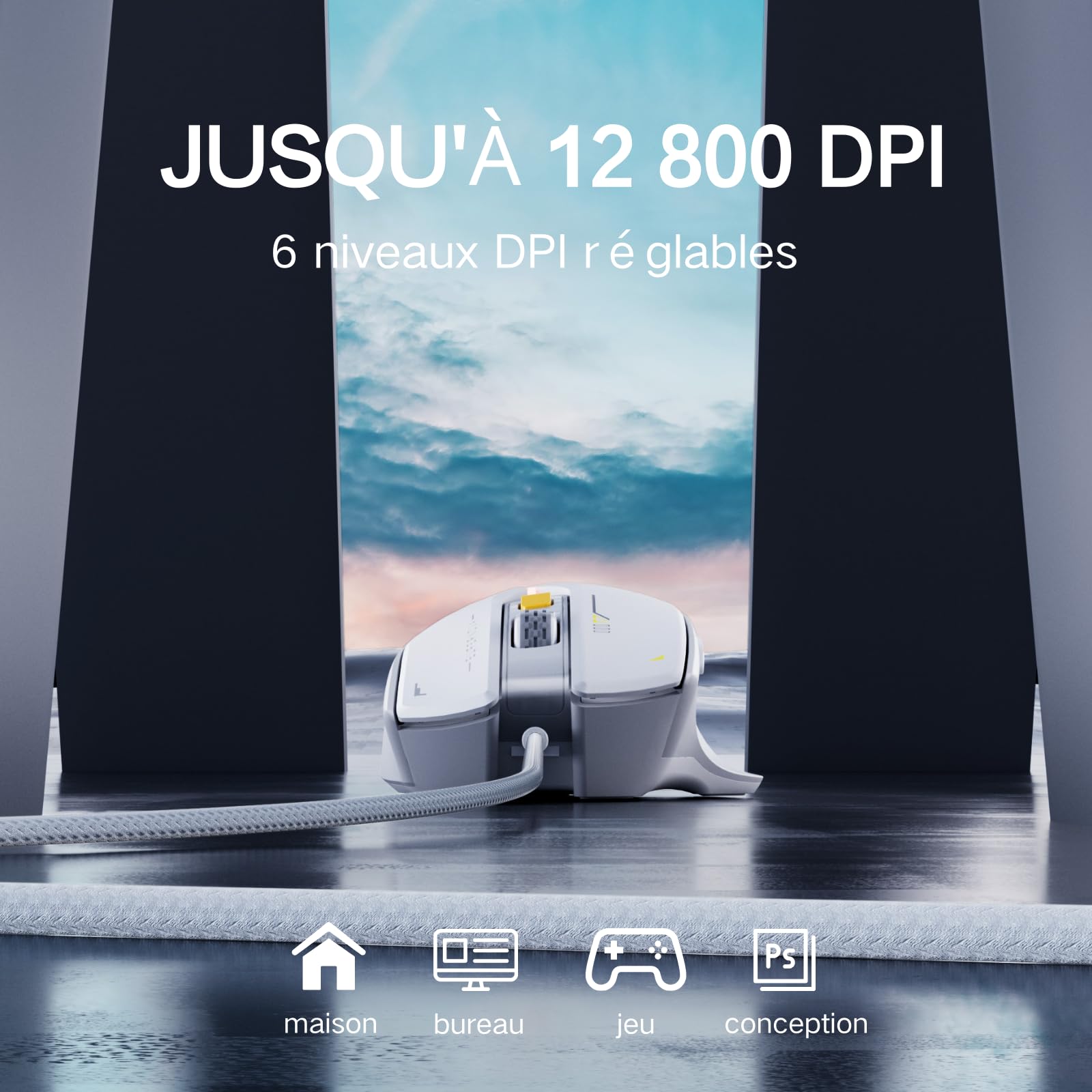 Souris gaming filaire, 12800 DPI réglables, 6 boutons programmables, 12 boutons RGB respirants, souris de jeu optique USB ergonomique, PC, ordinateurs portables et ordinateurs de bureau (blanc)