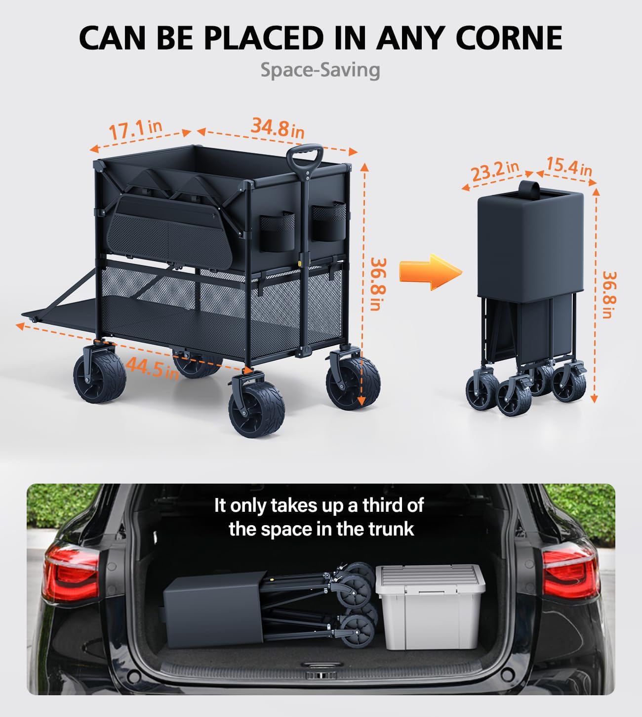 Foldable Wagon Cart,Everyfun 480Lbs Double Decker Wagon,Beach Carts with Big Wheels&Side Pocket&Dustbag,Large Capacity Folding Wagon for Shopping,Garden,Camping,Fish,New Wave Sports Wagon-Pure Black