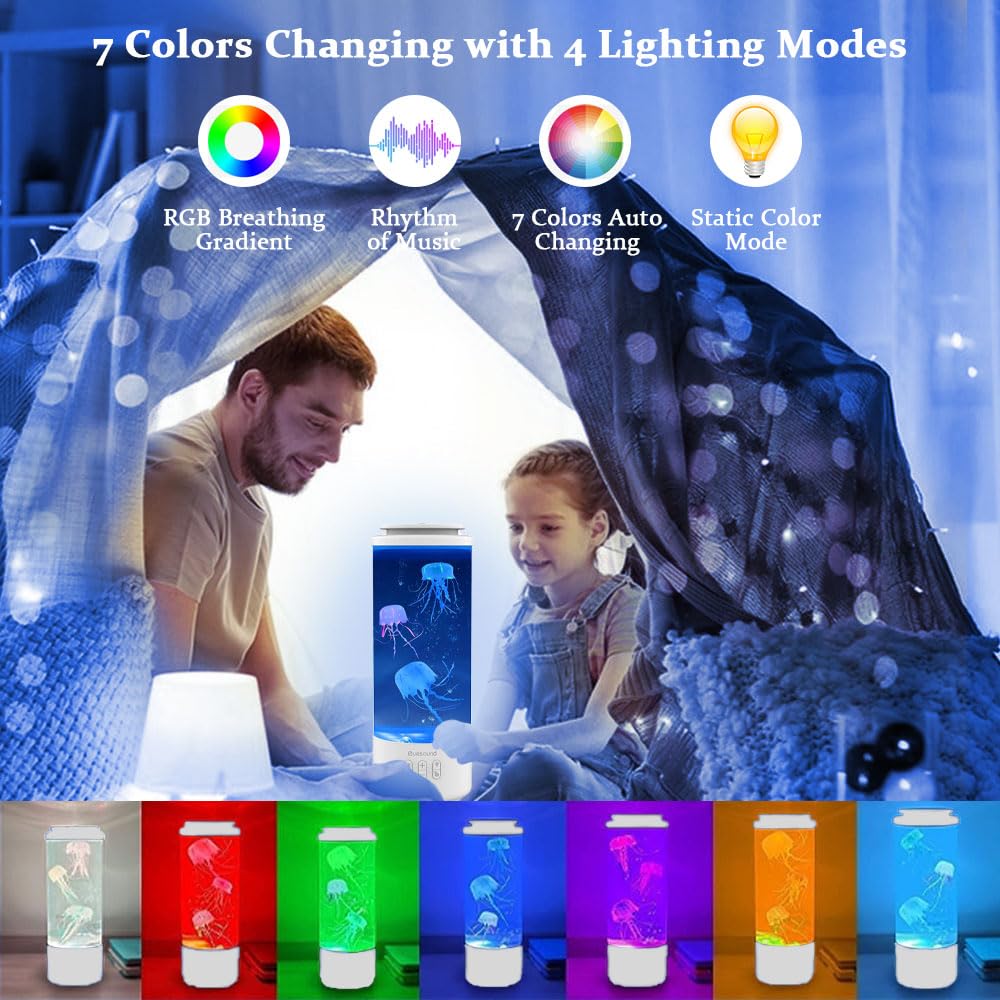 Lampa z meduzami, do akwarium, 7 zmian kolorów, 4 tryby świecenia, lampa lawowa, meduzy, głośnik Bluetooth, z pilotem zdalnego sterowania, dekoracja domu (biała)