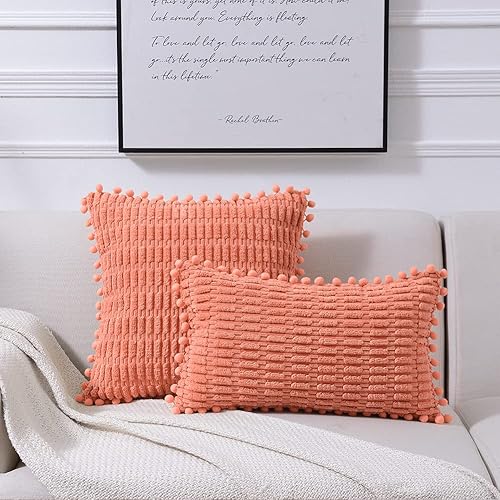 Miniatura 6 de Fancy Homi Paquete de 2 fundas de almohada decorativas verde azulado de 24 x 24 pulgadas con pompones para sala de estar, sofá, cama, decoración