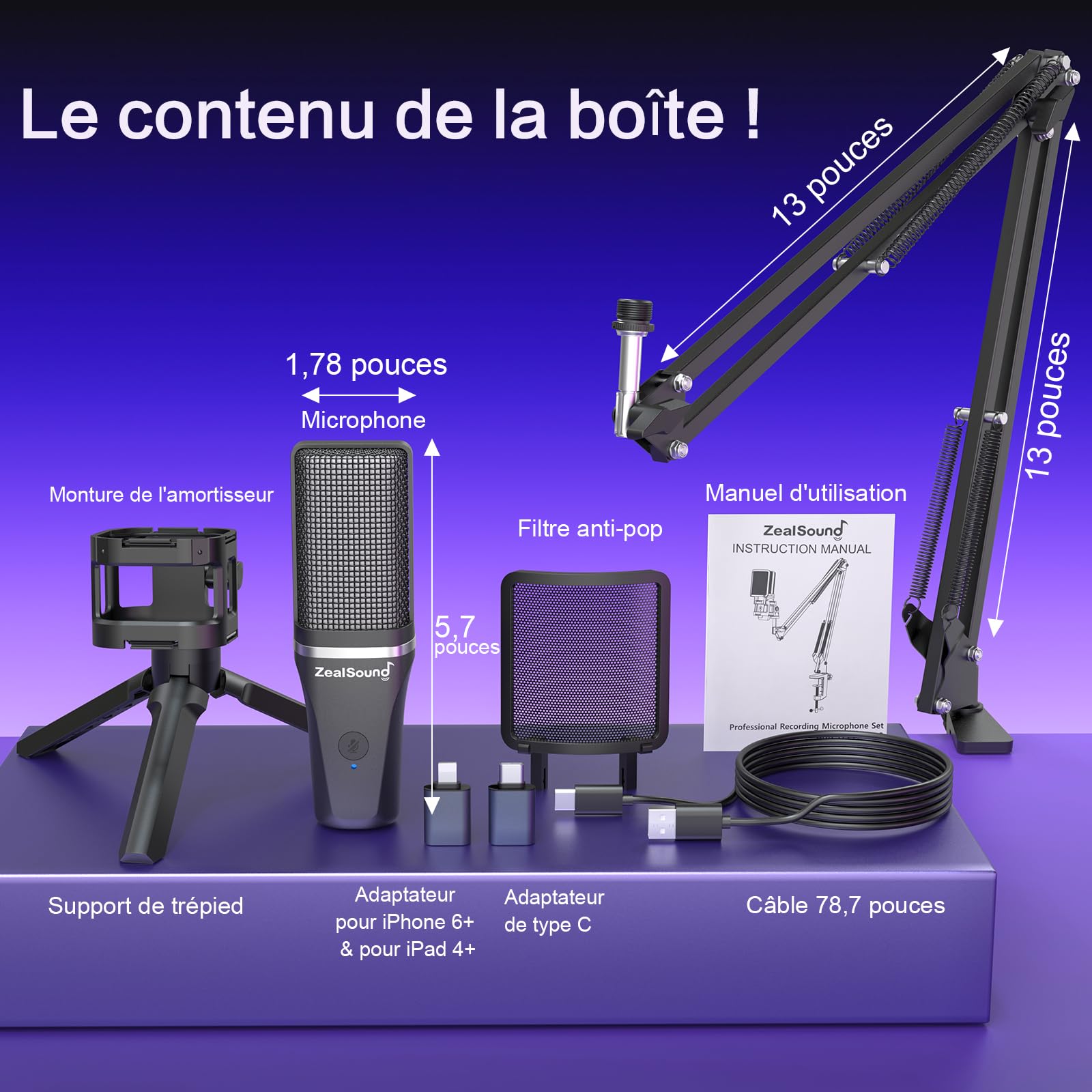 zealsound Micro Gaming pour PC Telephone iPhone, avec RGB et Sourdine, Adaptateur USB-C & Lightning, Trépied & Bras, Prise 3,5 mm, Microphone USB à Condensateur pour Podcast Streaming Twitch Youtube